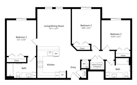 Floor plan for 3 beds, 2 baths, 1180 sqft